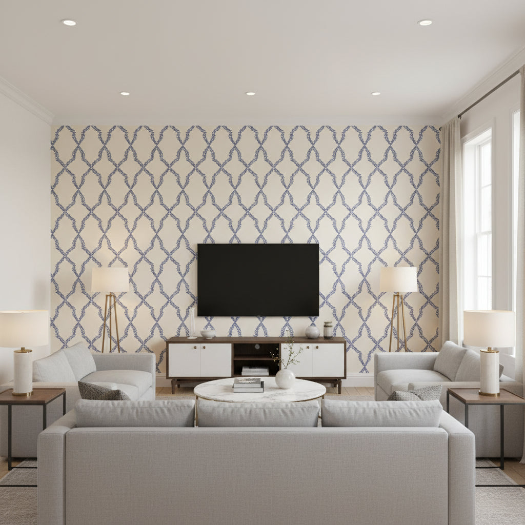 Andreas Stripe Navy Navy | Thibaut - Living Room Visualization (AI-generated, may not be to scale. Verify pattern scale with product specifications.)