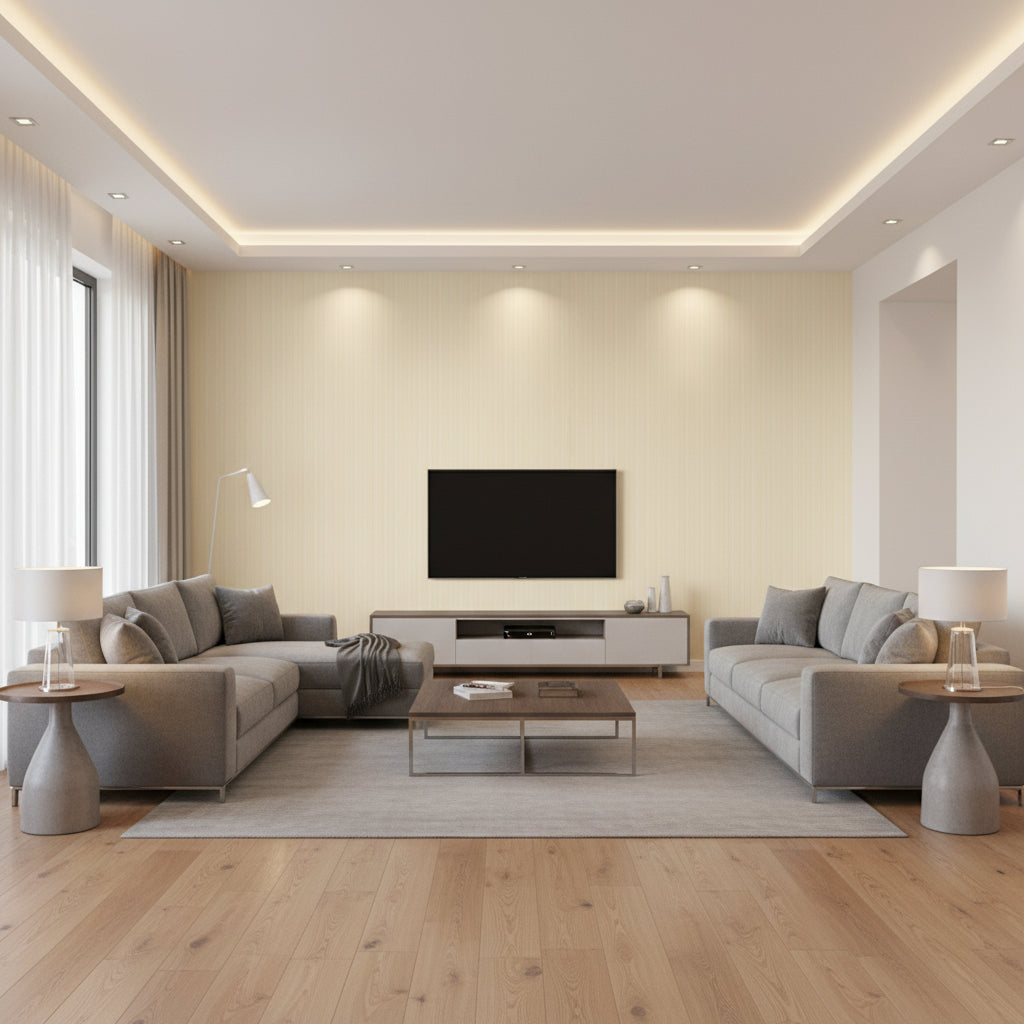Thalia Strie Beige Beige | Thibaut - Living Room Visualization (AI-generated, may not be to scale. Verify pattern scale with product specifications.)
