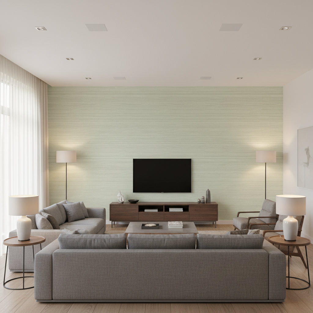 Normandy Celadon | Thibaut - Living Room Visualization (AI-generated, may not be to scale. Verify pattern scale with product specifications.)