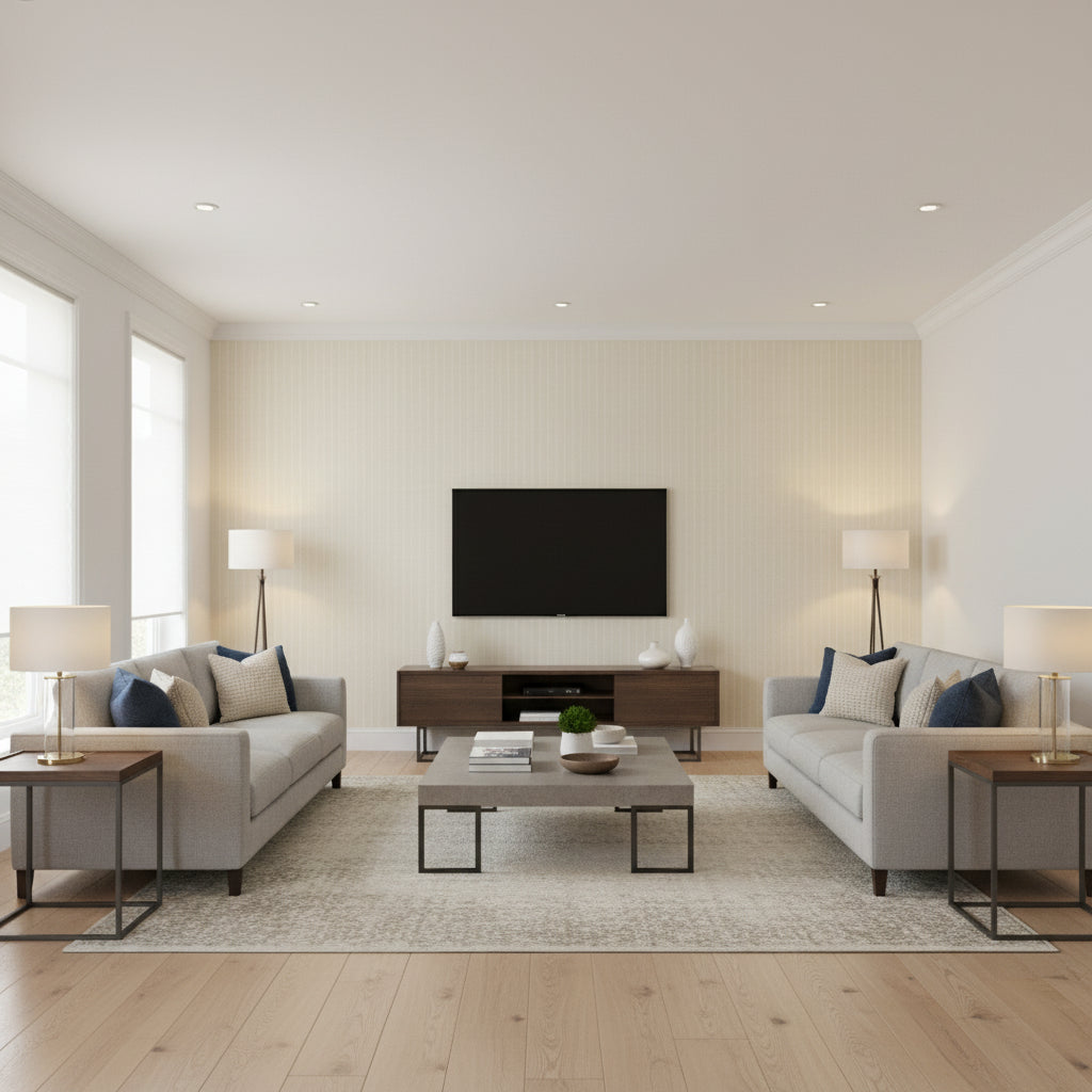 Woolston Beige | Thibaut - Living Room Visualization (AI-generated, may not be to scale. Verify pattern scale with product specifications.)