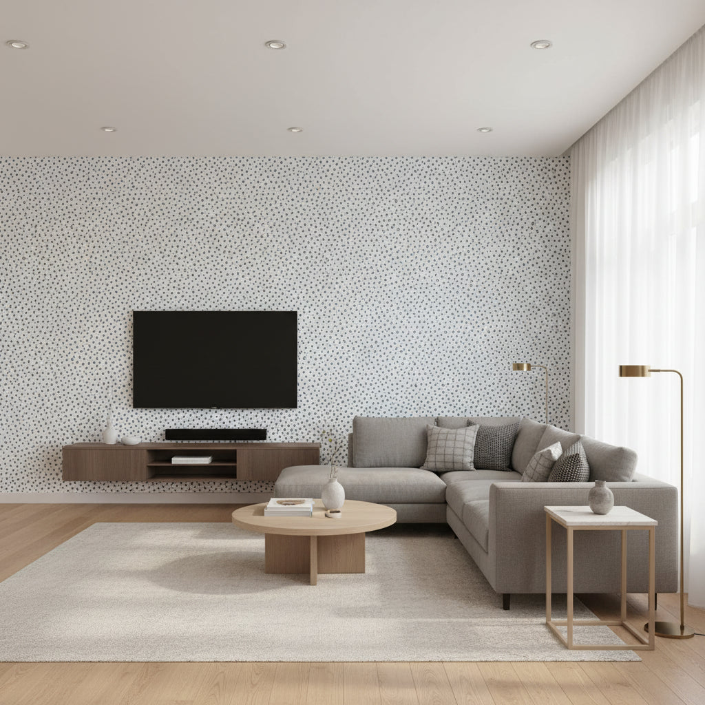 Tanzania Blue Blue | Thibaut - Living Room Visualization (AI-generated, may not be to scale. Verify pattern scale with product specifications.)