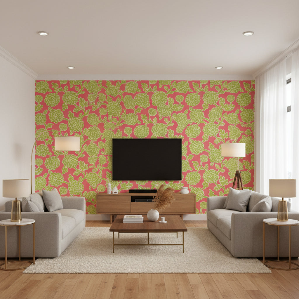 Tanzania Raspberry and Green Raspberry and Green | Thibaut - Living Room Visualization (AI-generated, may not be to scale. Verify pattern scale with product specifications.)