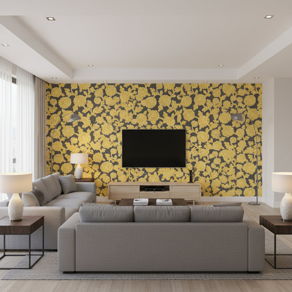 Tanzania Yellow and Grey Yellow and Grey | Thibaut - Living Room Visualization (AI-generated, may not be to scale. Verify pattern scale with product specifications.)
