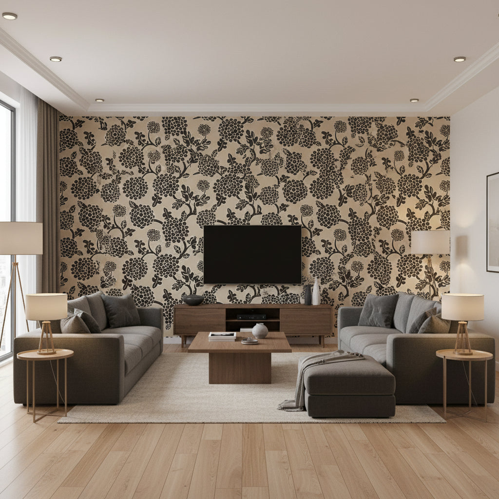 South Sea Black and Tan Black and Tan | Thibaut - Living Room Visualization (AI-generated, may not be to scale. Verify pattern scale with product specifications.)