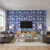 South Sea Navy Navy | Thibaut - Living Room Visualization (AI-generated, may not be to scale. Verify pattern scale with product specifications.)