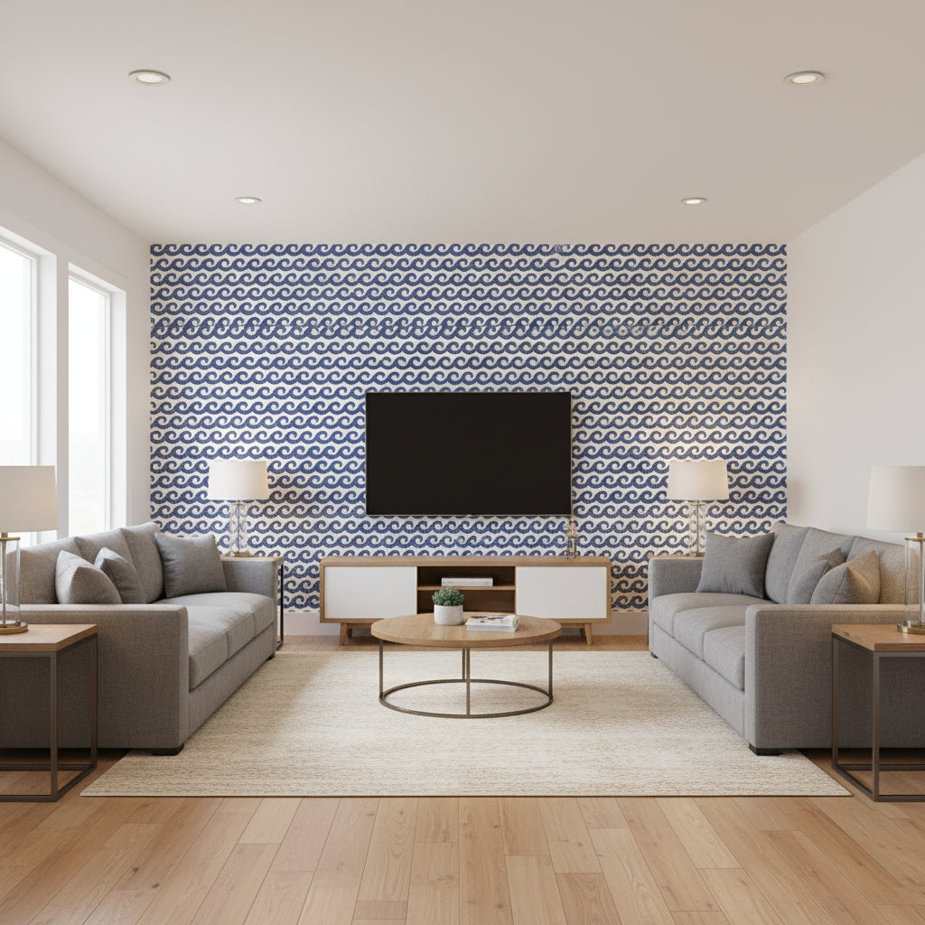 South Sea Navy Navy | Thibaut - Living Room Visualization (AI-generated, may not be to scale. Verify pattern scale with product specifications.)
