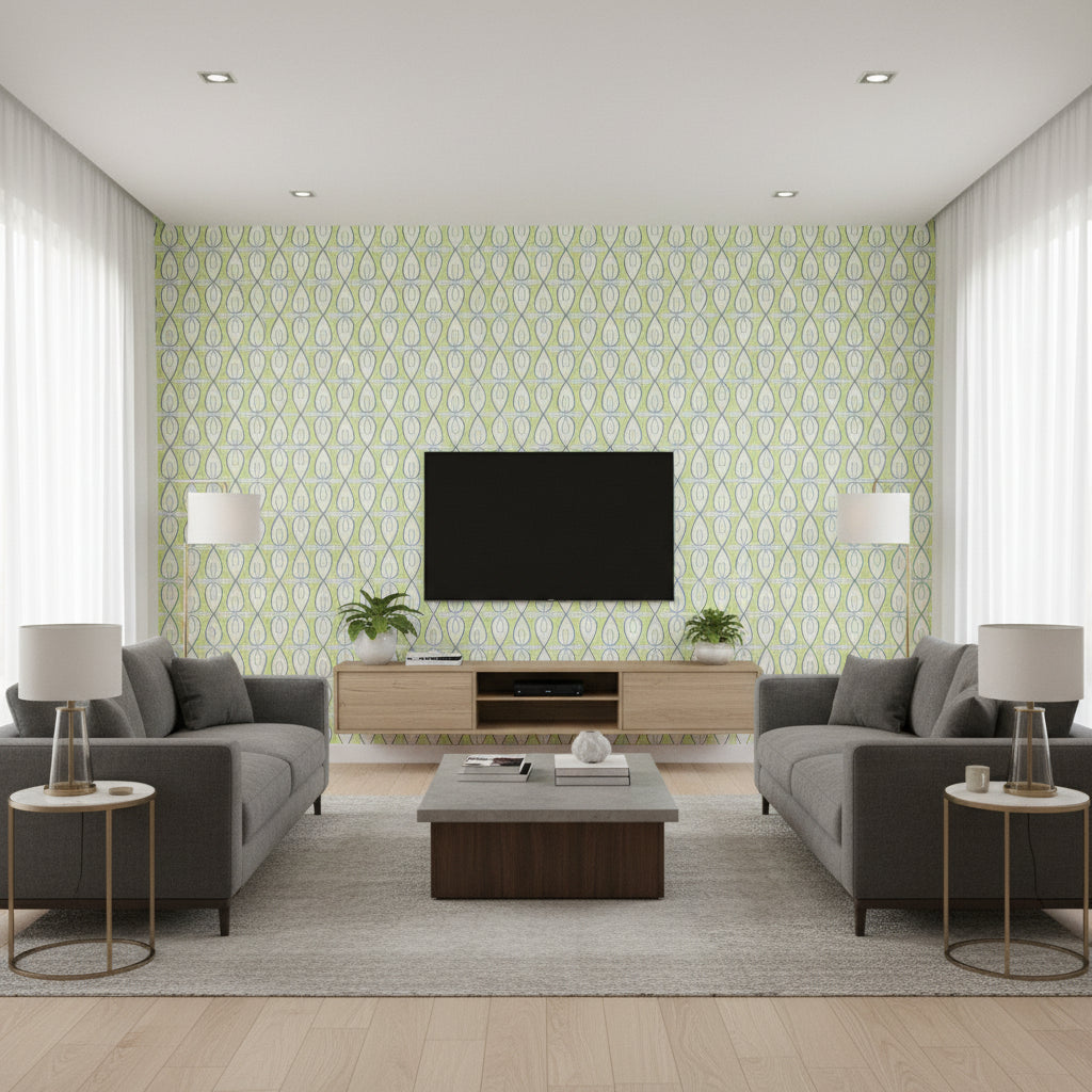 Bribie Green Green | Thibaut - Living Room Visualization (AI-generated, may not be to scale. Verify pattern scale with product specifications.)