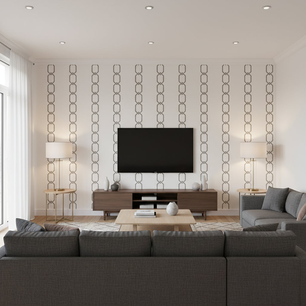 Madeira Chain Grey ivory | Thibaut - Living Room Visualization (AI-generated, may not be to scale. Verify pattern scale with product specifications.)