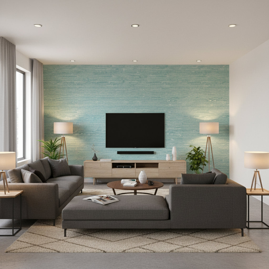 Madeira Chain Turquoise Turquoise | Thibaut - Living Room Visualization (AI-generated, may not be to scale. Verify pattern scale with product specifications.)