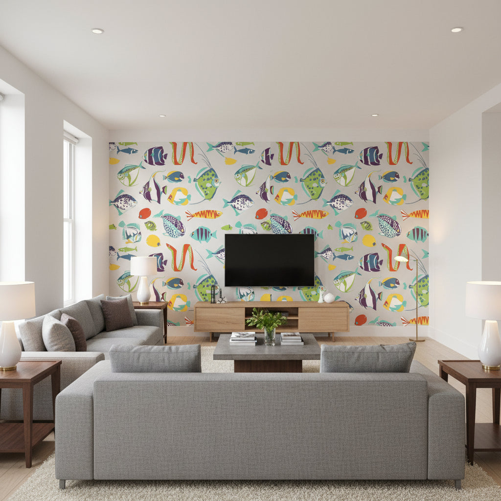 Madeira Chain Silver Silver | Thibaut - Living Room Visualization (AI-generated, may not be to scale. Verify pattern scale with product specifications.)
