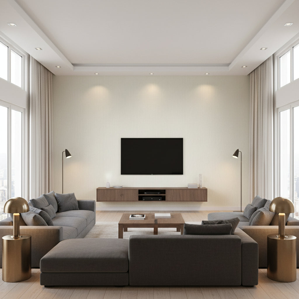 Madeira Chain White White | Thibaut - Living Room Visualization (AI-generated, may not be to scale. Verify pattern scale with product specifications.)