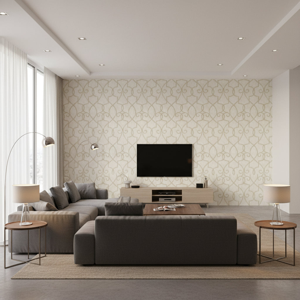 Petite Diamond Pearl Pearl | Thibaut - Living Room Visualization (AI-generated, may not be to scale. Verify pattern scale with product specifications.)