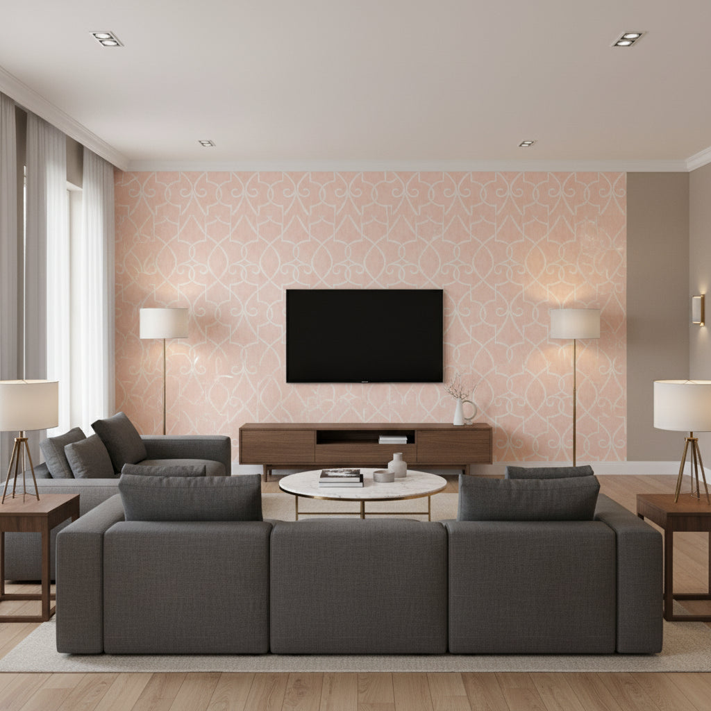 Petite Diamond Pink Pink | Thibaut - Living Room Visualization (AI-generated, may not be to scale. Verify pattern scale with product specifications.)