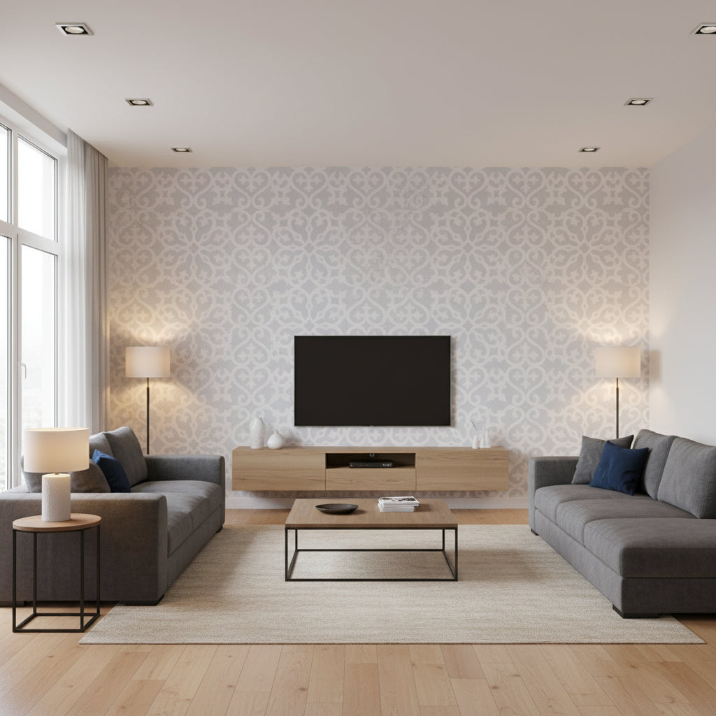 Allison Light Blue Light Blue | Thibaut - Living Room Visualization (AI-generated, may not be to scale. Verify pattern scale with product specifications.)
