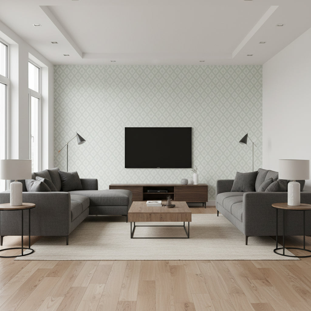 Merrill Aqua Aqua | Thibaut - Living Room Visualization (AI-generated, may not be to scale. Verify pattern scale with product specifications.)