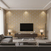 Prescott Metallic on Taupe Metallic on Taupe | Thibaut - Living Room Visualization (AI-generated, may not be to scale. Verify pattern scale with product specifications.)