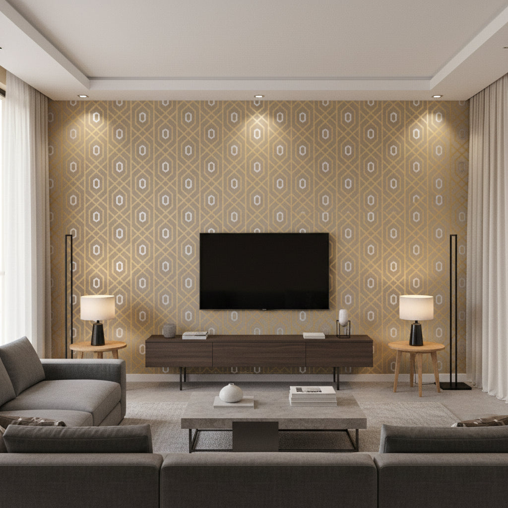 Prescott Metallic on Taupe Metallic on Taupe | Thibaut - Living Room Visualization (AI-generated, may not be to scale. Verify pattern scale with product specifications.)