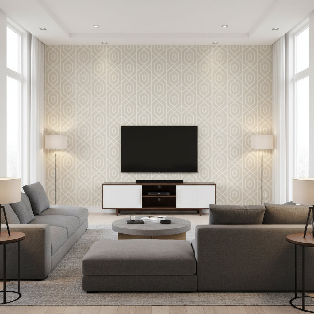 Medina Ivory Ivory | Thibaut - Living Room Visualization (AI-generated, may not be to scale. Verify pattern scale with product specifications.)