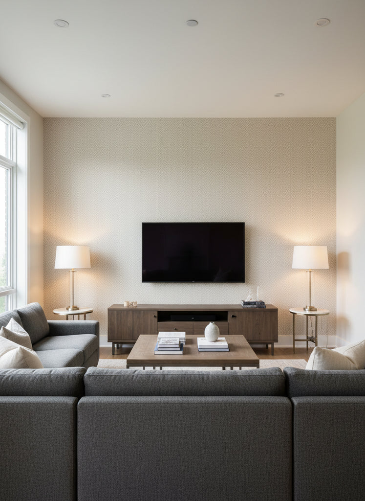 Medina Bone Bone | Thibaut - Living Room Visualization (AI-generated, may not be to scale. Verify pattern scale with product specifications.)