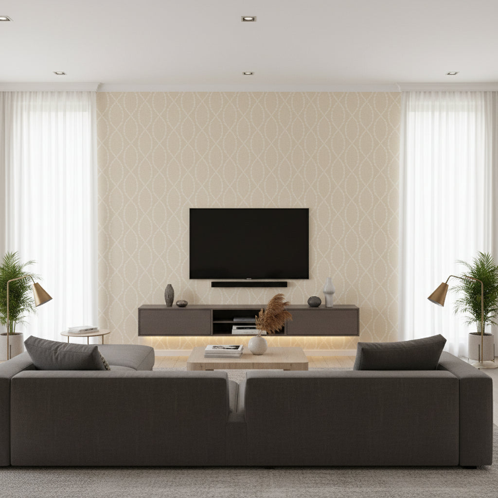 Pearl Trellis Beige Beige | Thibaut - Living Room Visualization (AI-generated, may not be to scale. Verify pattern scale with product specifications.)