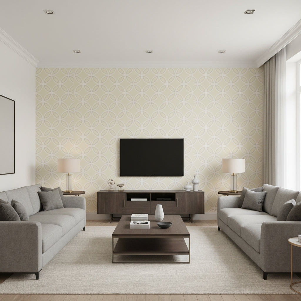 Pearl Trellis Bone Bone | Thibaut - Living Room Visualization (AI-generated, may not be to scale. Verify pattern scale with product specifications.)