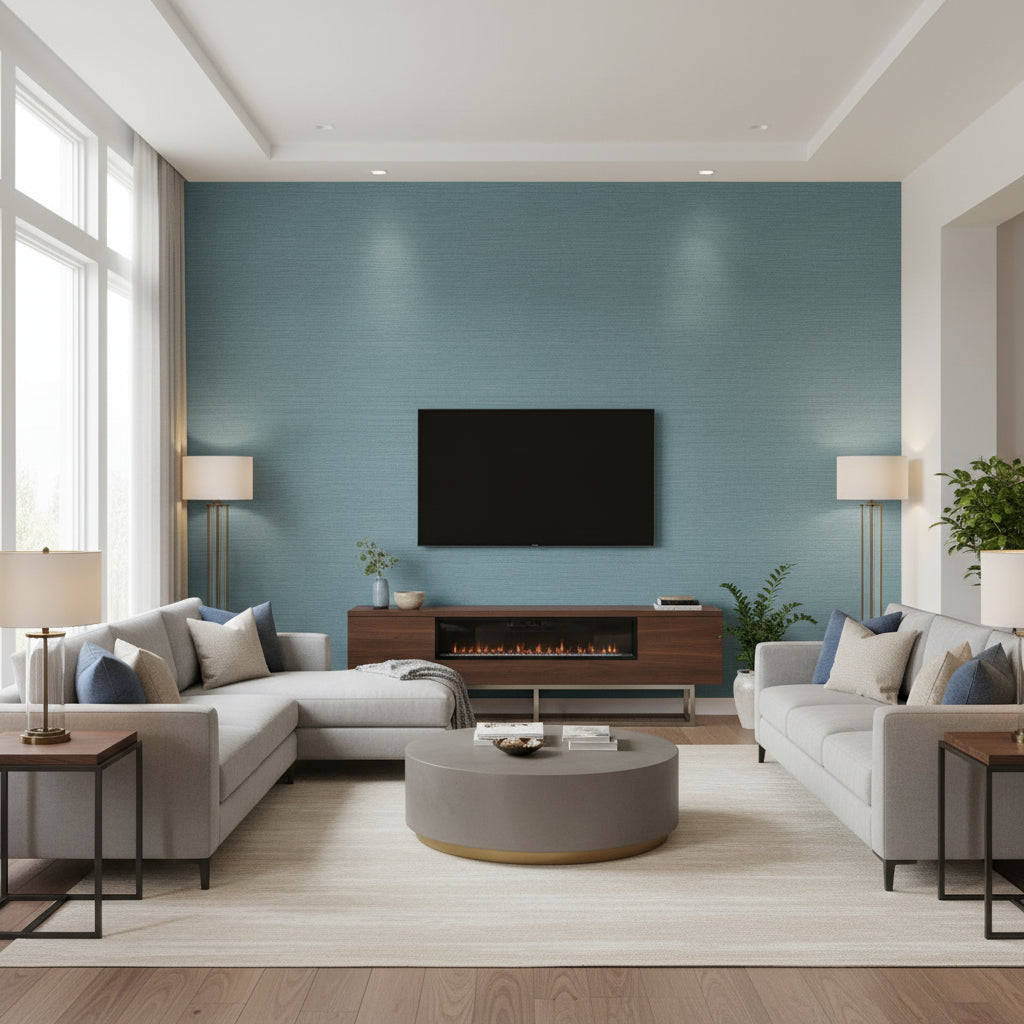 Tabacon Abaca Teal | Thibaut - Living Room Visualization (AI-generated, may not be to scale. Verify pattern scale with product specifications.)