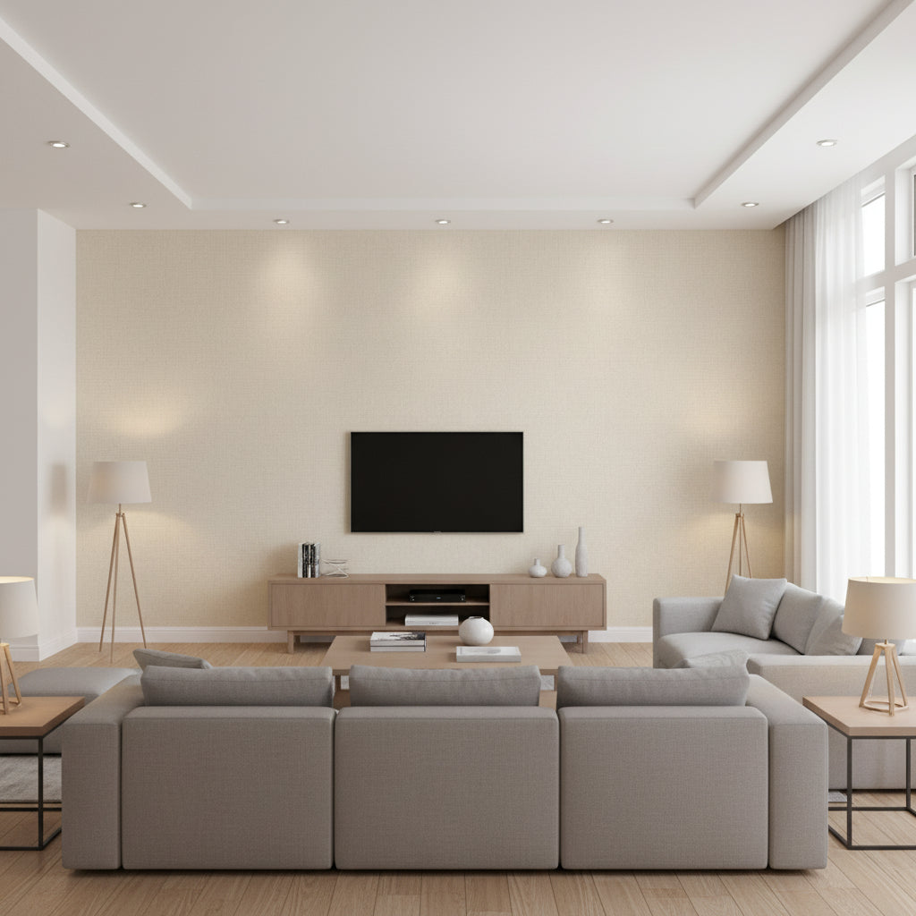 Paper Linen Beige | Thibaut - Living Room Visualization (AI-generated, may not be to scale. Verify pattern scale with product specifications.)