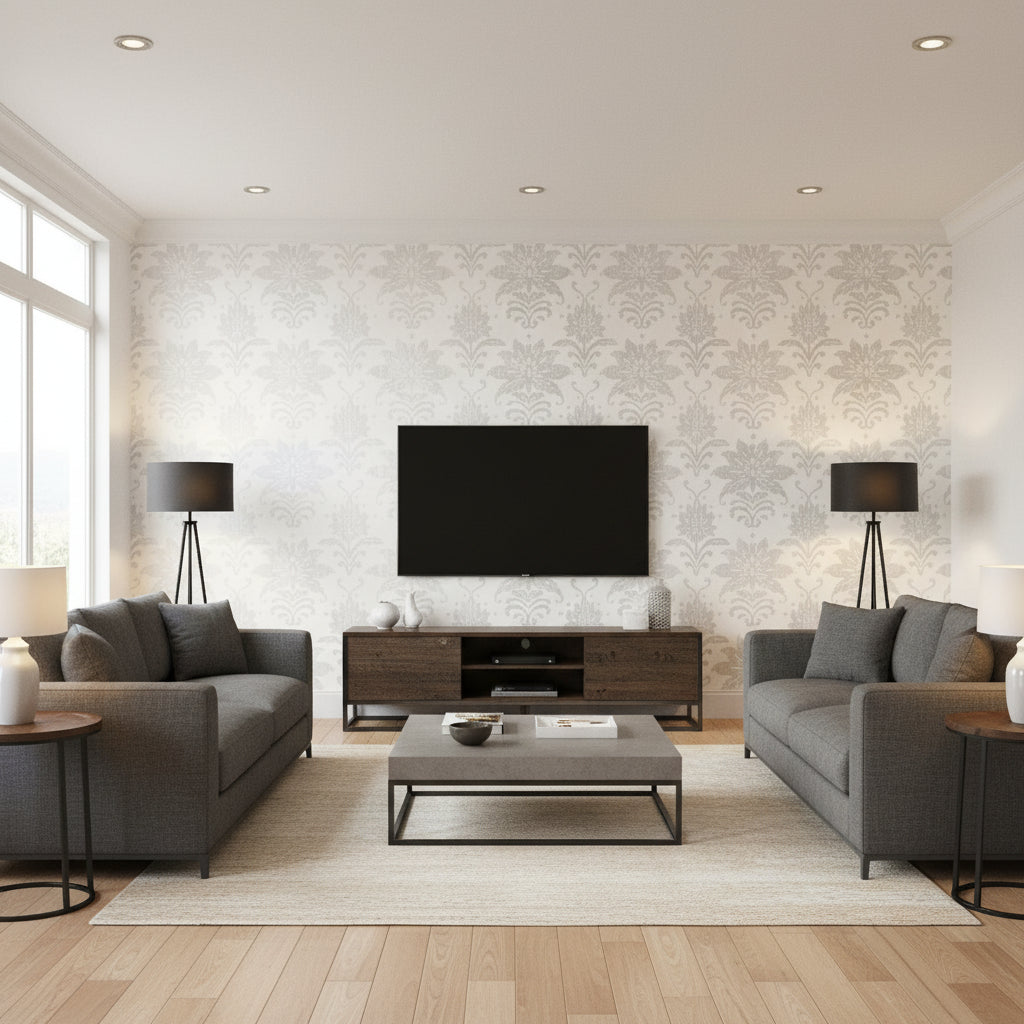 T24376 | Thibaut - Living Room Visualization (AI-generated, may not be to scale. Verify pattern scale with product specifications.)