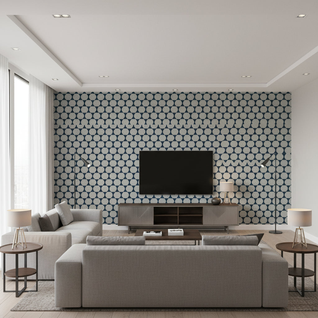Desmond Navy Navy | Thibaut - Living Room Visualization (AI-generated, may not be to scale. Verify pattern scale with product specifications.)