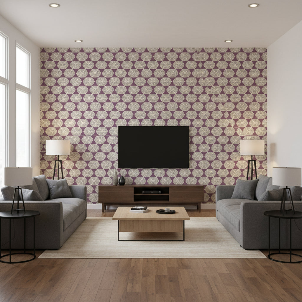 Desmond Plum Plum | Thibaut - Living Room Visualization (AI-generated, may not be to scale. Verify pattern scale with product specifications.)