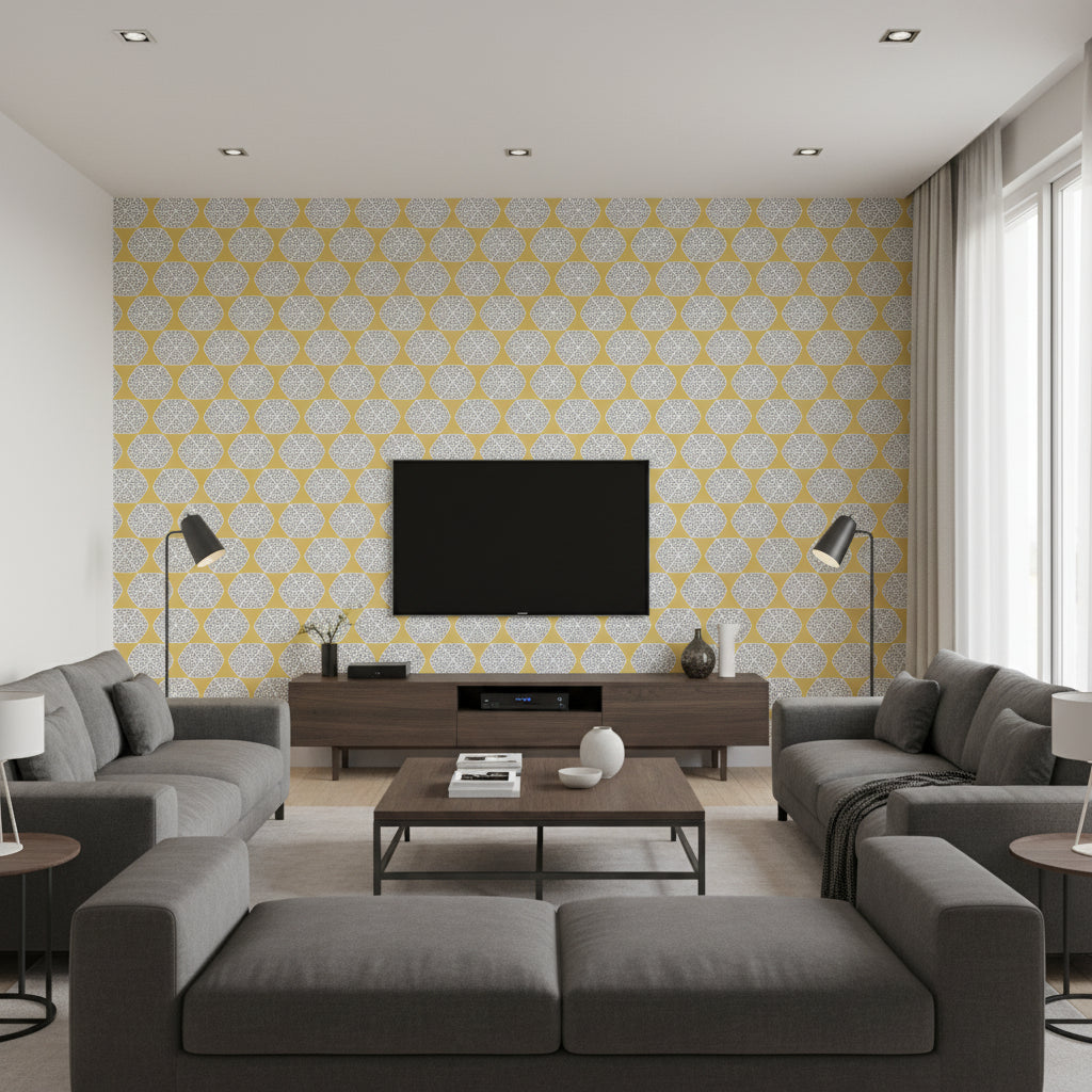 Desmond Harvest Gold Harvest Gold | Thibaut - Living Room Visualization (AI-generated, may not be to scale. Verify pattern scale with product specifications.)