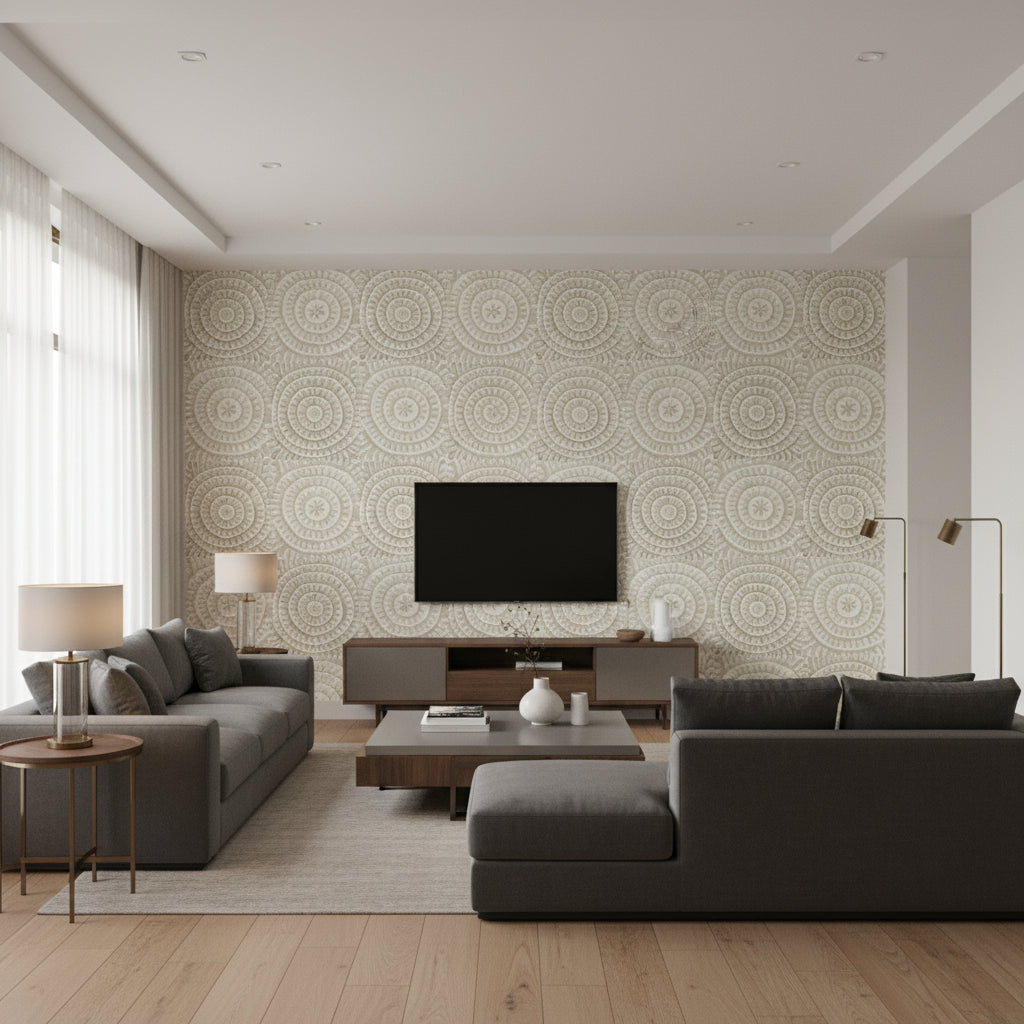 Kasai Beige Beige | Thibaut - Living Room Visualization (AI-generated, may not be to scale. Verify pattern scale with product specifications.)