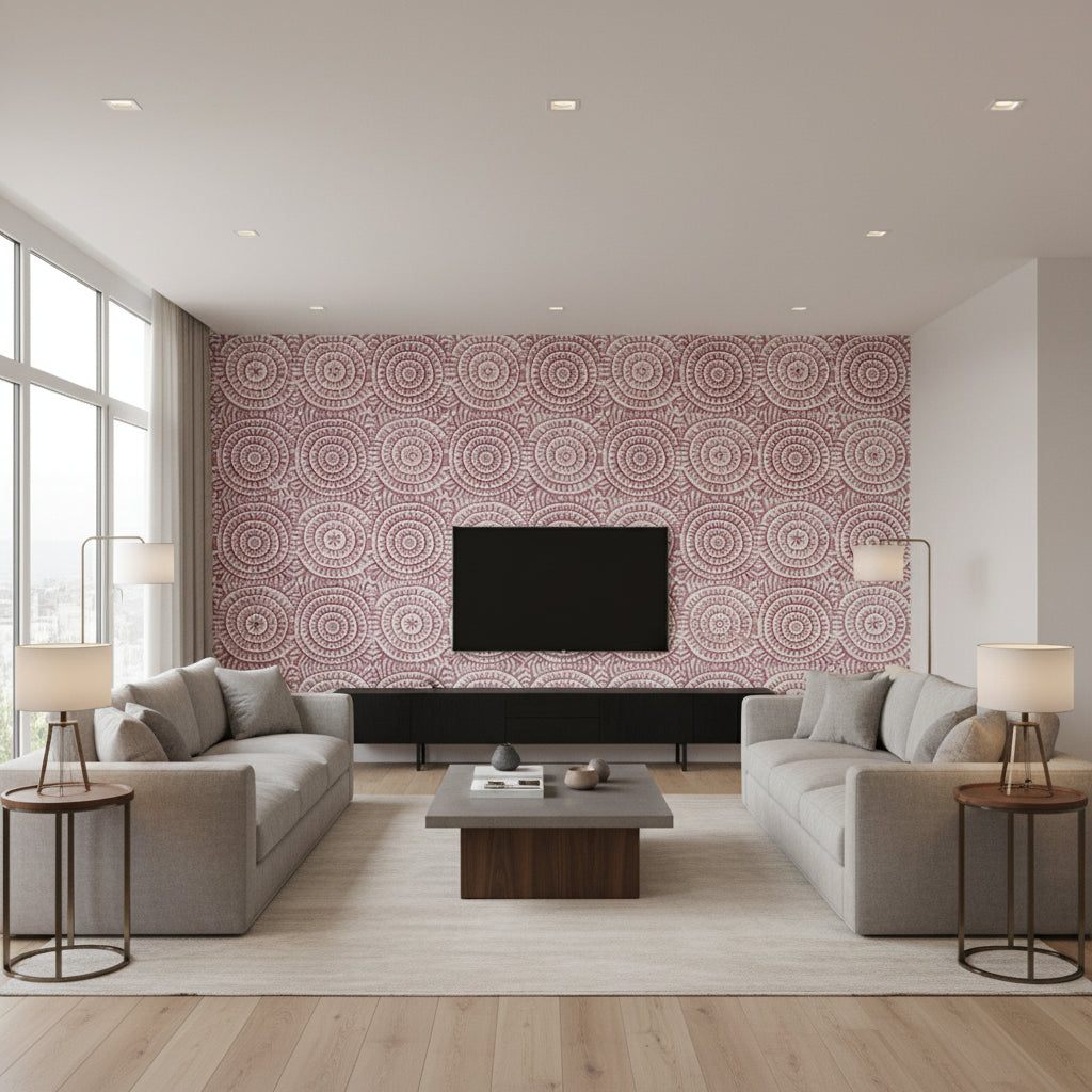 Kasai Plum Plum | Thibaut - Living Room Visualization (AI-generated, may not be to scale. Verify pattern scale with product specifications.)