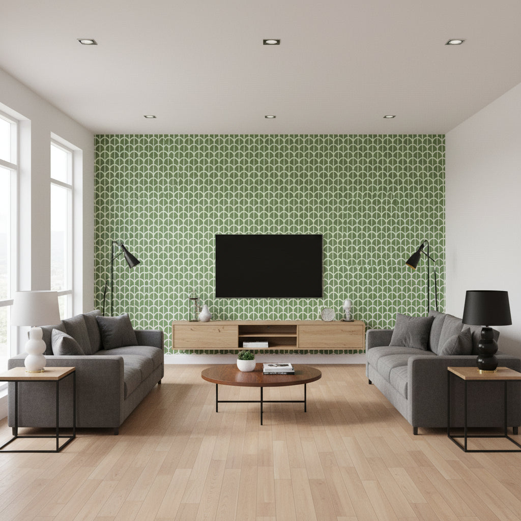 Desmond Green Green | Thibaut - Living Room Visualization (AI-generated, may not be to scale. Verify pattern scale with product specifications.)