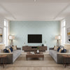Mitford Aqua Aqua | Thibaut - Living Room Visualization (AI-generated, may not be to scale. Verify pattern scale with product specifications.)