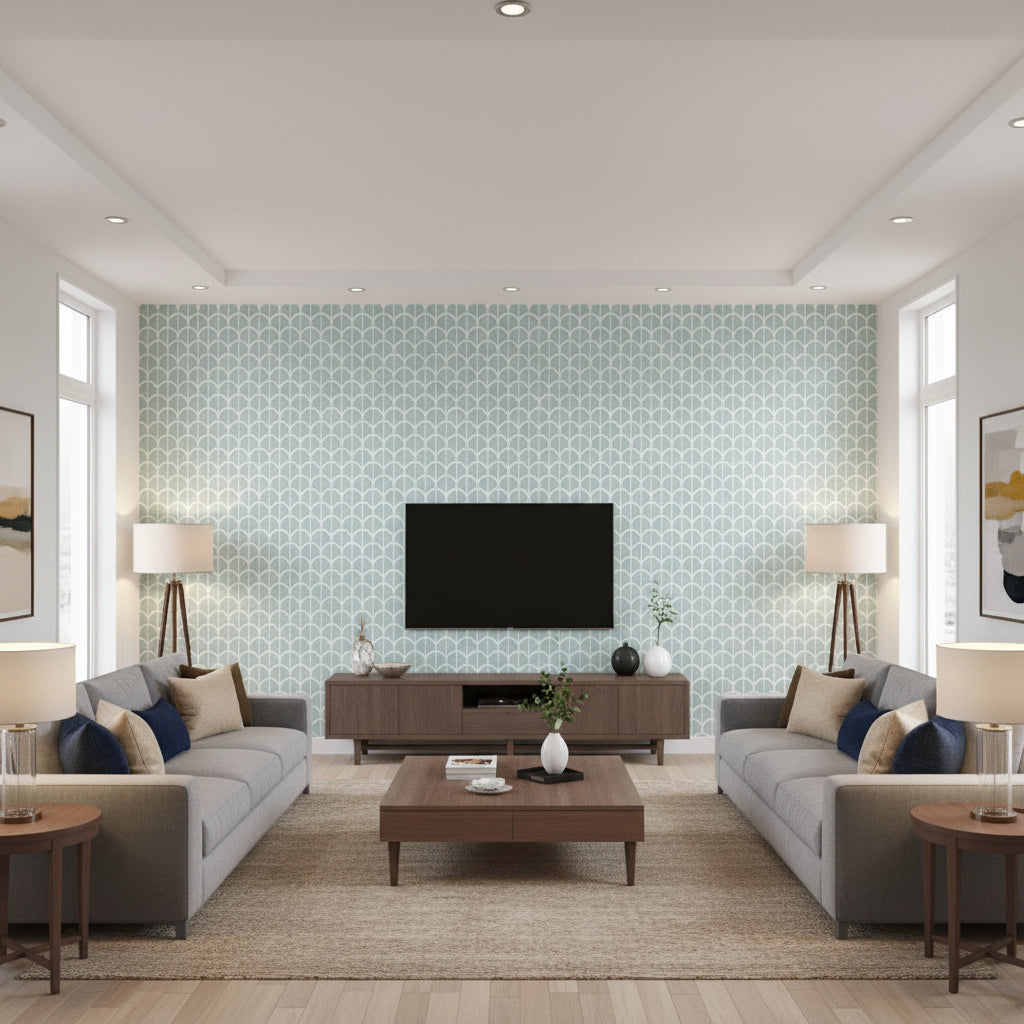 Mitford Aqua Aqua | Thibaut - Living Room Visualization (AI-generated, may not be to scale. Verify pattern scale with product specifications.)