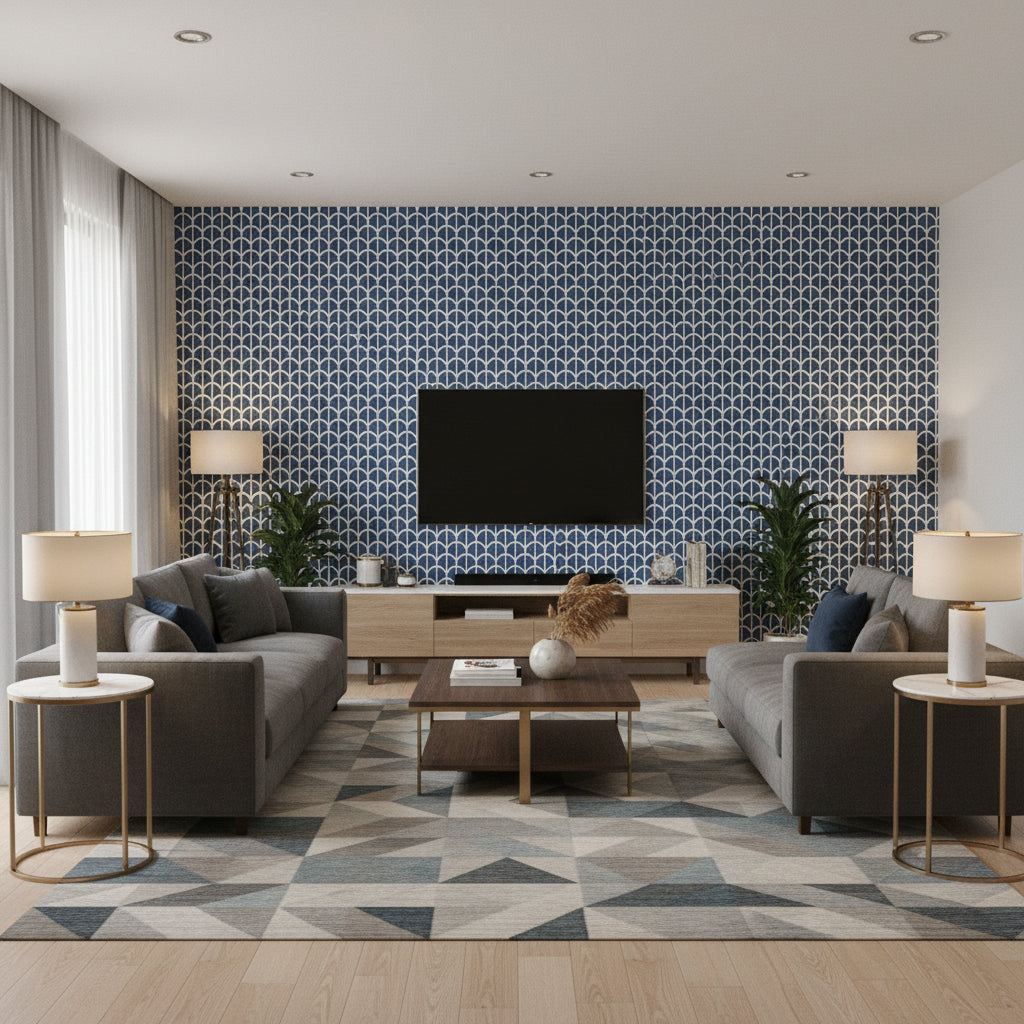 Starleaf Navy Navy | Thibaut - Living Room Visualization (AI-generated, may not be to scale. Verify pattern scale with product specifications.)