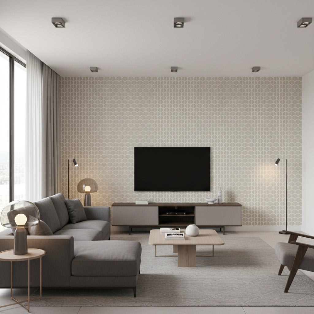 Starleaf Beige Beige | Thibaut - Living Room Visualization (AI-generated, may not be to scale. Verify pattern scale with product specifications.)
