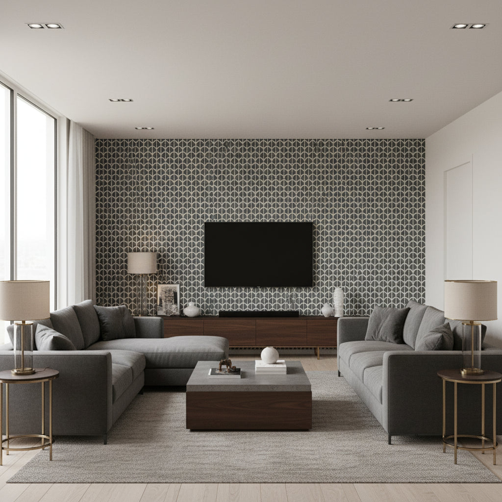 Ebru Black Black | Thibaut - Living Room Visualization (AI-generated, may not be to scale. Verify pattern scale with product specifications.)