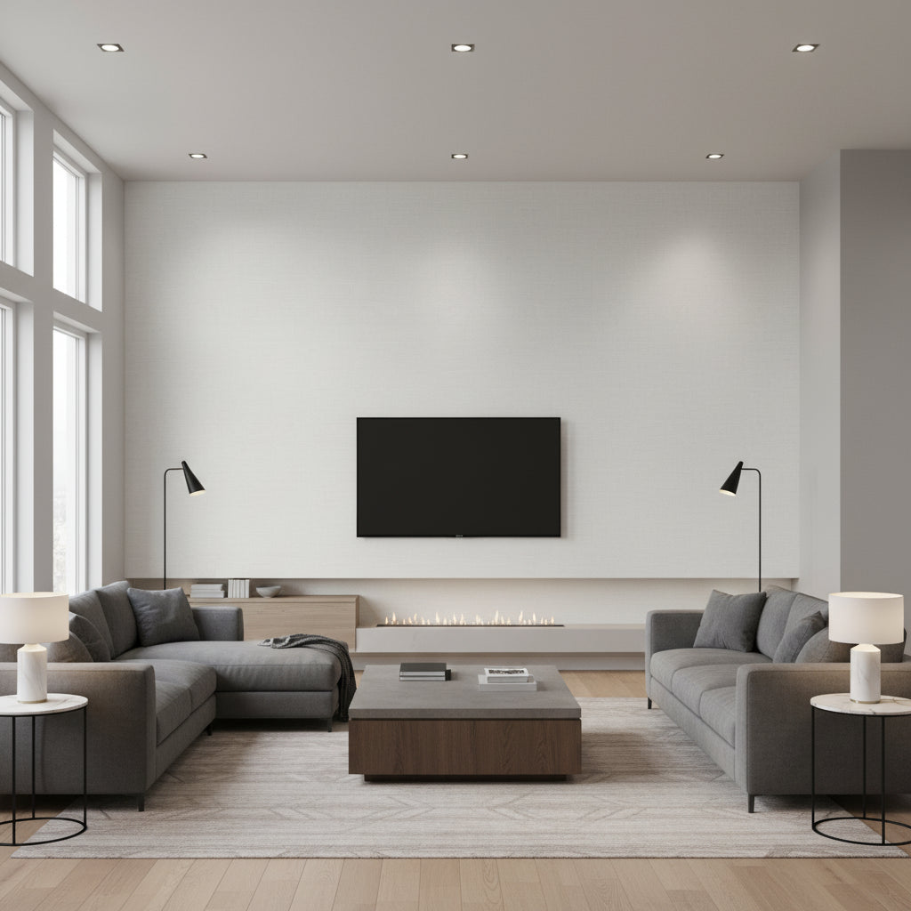 Hampshire Fog | Thibaut - Living Room Visualization (AI-generated, may not be to scale. Verify pattern scale with product specifications.)