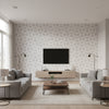Russell Square Linen on Grey Grey | Thibaut - Living Room Visualization (AI-generated, may not be to scale. Verify pattern scale with product specifications.)
