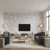 Wallcoverings White Pearl on White | Thibaut - Living Room Visualization (AI-generated, may not be to scale. Verify pattern scale with product specifications.)