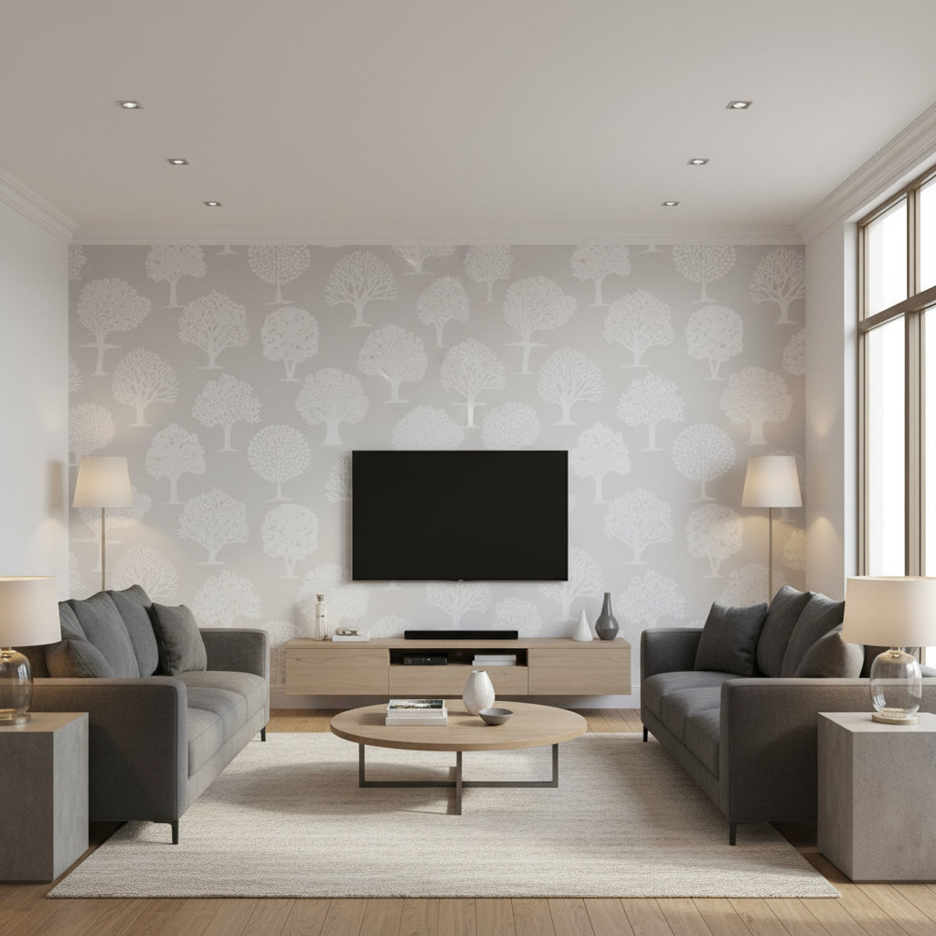 Wallcoverings White Pearl on White | Thibaut - Living Room Visualization (AI-generated, may not be to scale. Verify pattern scale with product specifications.)