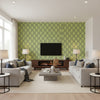 Stanbury Trellis Linen on Navy on Green sage | Thibaut - Living Room Visualization (AI-generated, may not be to scale. Verify pattern scale with product specifications.)
