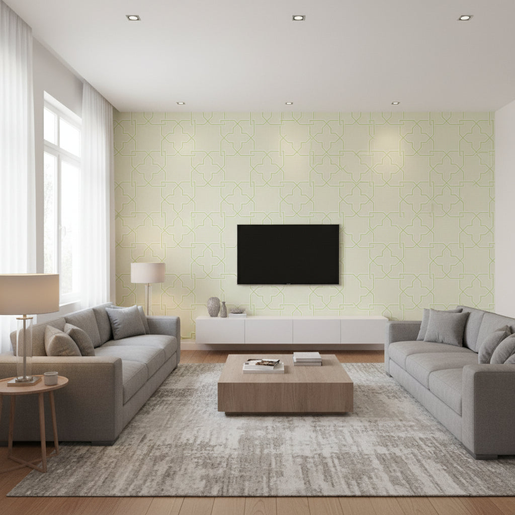 Stanbury Trellis Green on Beige Green on Beige | Thibaut - Living Room Visualization (AI-generated, may not be to scale. Verify pattern scale with product specifications.)
