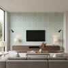 Stanbury Trellis Ice Blue Ice Blue | Thibaut - Living Room Visualization (AI-generated, may not be to scale. Verify pattern scale with product specifications.)