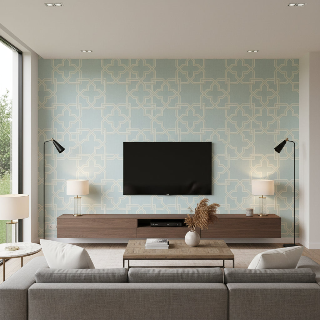 Stanbury Trellis Ice Blue Ice Blue | Thibaut - Living Room Visualization (AI-generated, may not be to scale. Verify pattern scale with product specifications.)