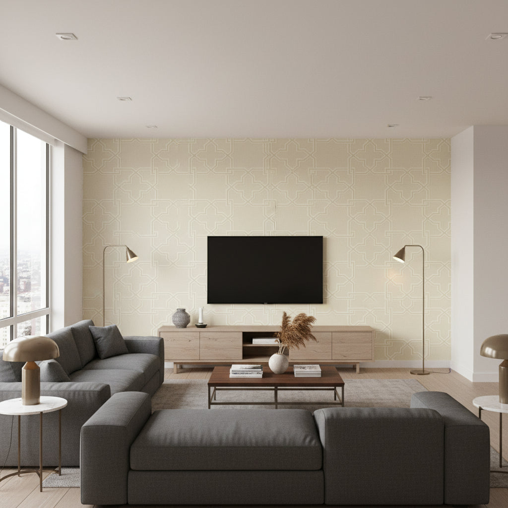 Stanbury Trellis Beige Beige | Thibaut - Living Room Visualization (AI-generated, may not be to scale. Verify pattern scale with product specifications.)
