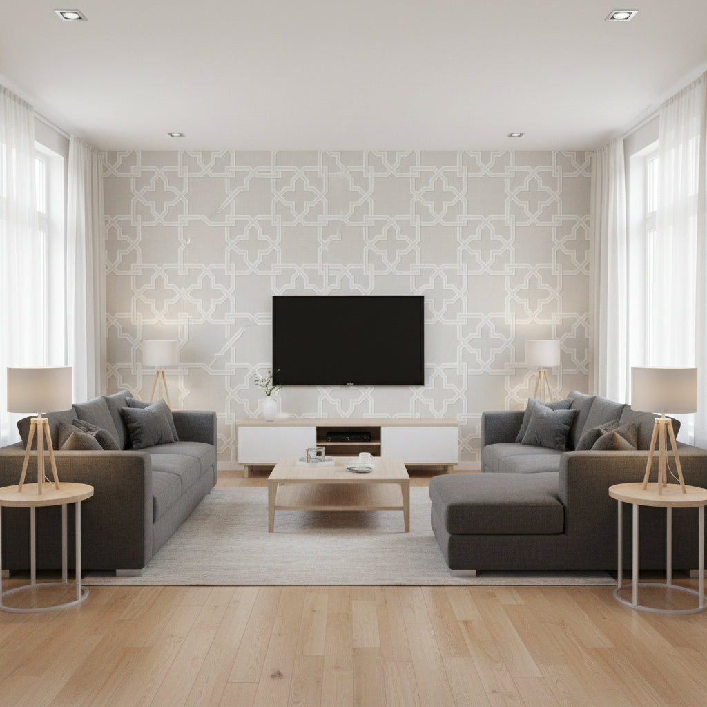 Stanbury Trellis Grey Grey | Thibaut - Living Room Visualization (AI-generated, may not be to scale. Verify pattern scale with product specifications.)