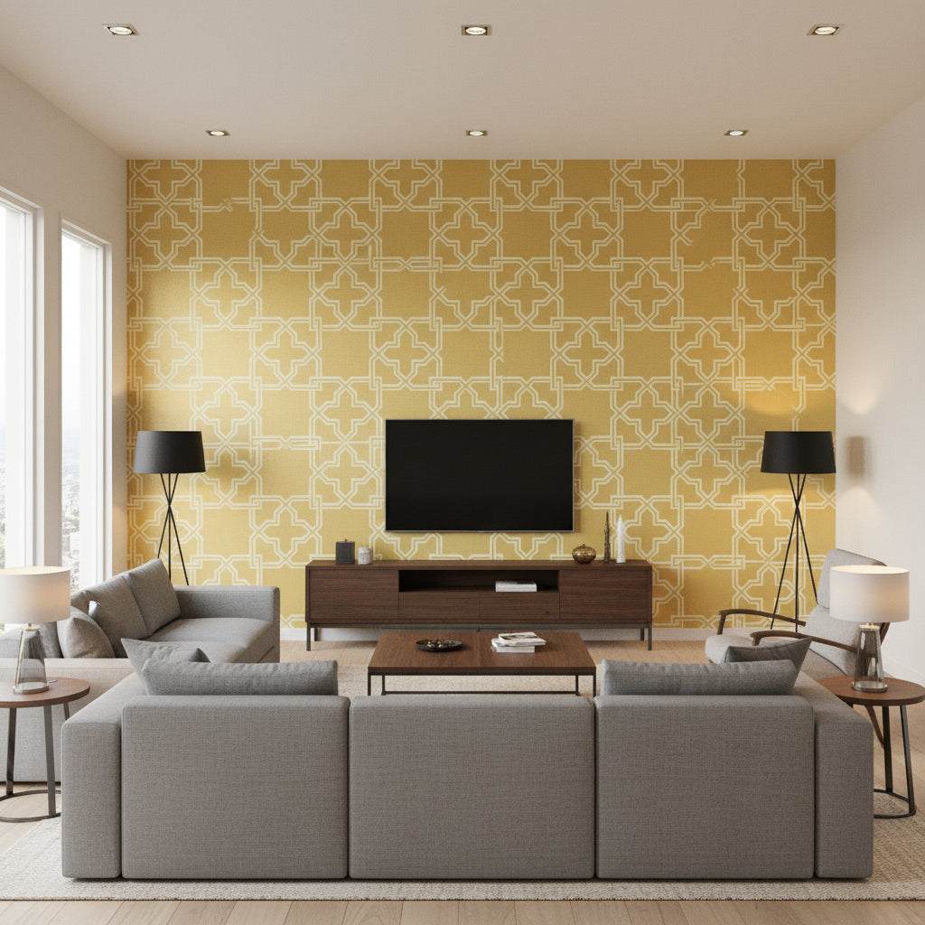 Cabrera Metallic Gold Metallic Gold | Thibaut - Living Room Visualization (AI-generated, may not be to scale. Verify pattern scale with product specifications.)